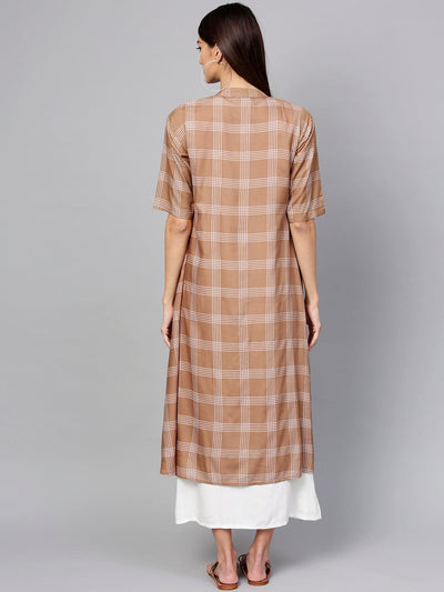 Brown Checkered Rayon Dress With Jacket - Libas