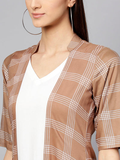 Brown Checkered Rayon Dress With Jacket - Libas