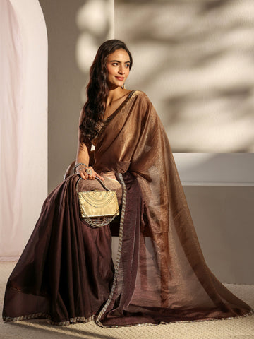 Brown Embellished Border Ombre Tissue Saree With Unstitched Blouse Piece