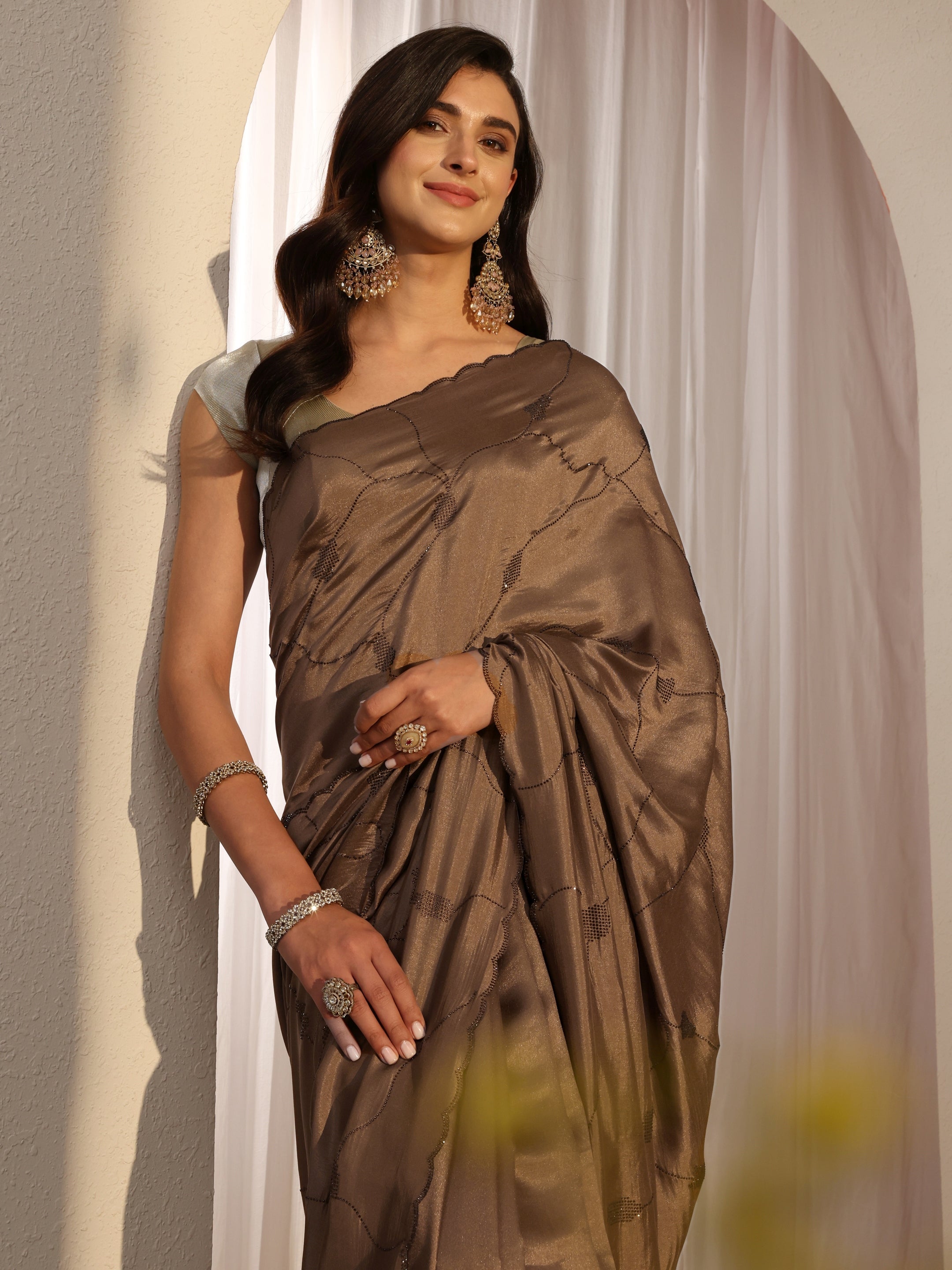 libas Brown Embellished Satin Saree With Unstitched Blouse Piece-picture-28