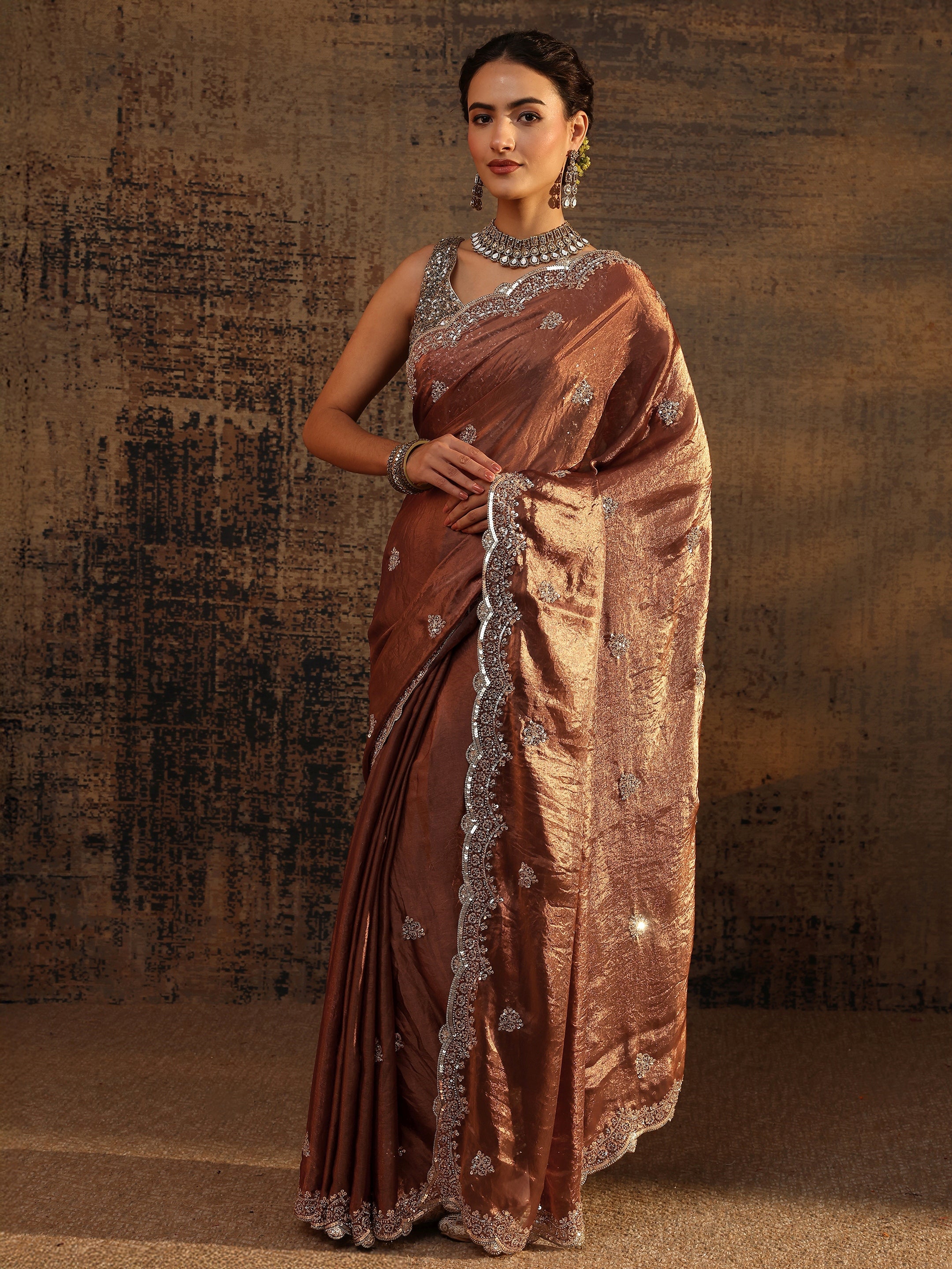 libas Brown Embellished Tissue Saree With Unstitched Blouse Piece-picture-50