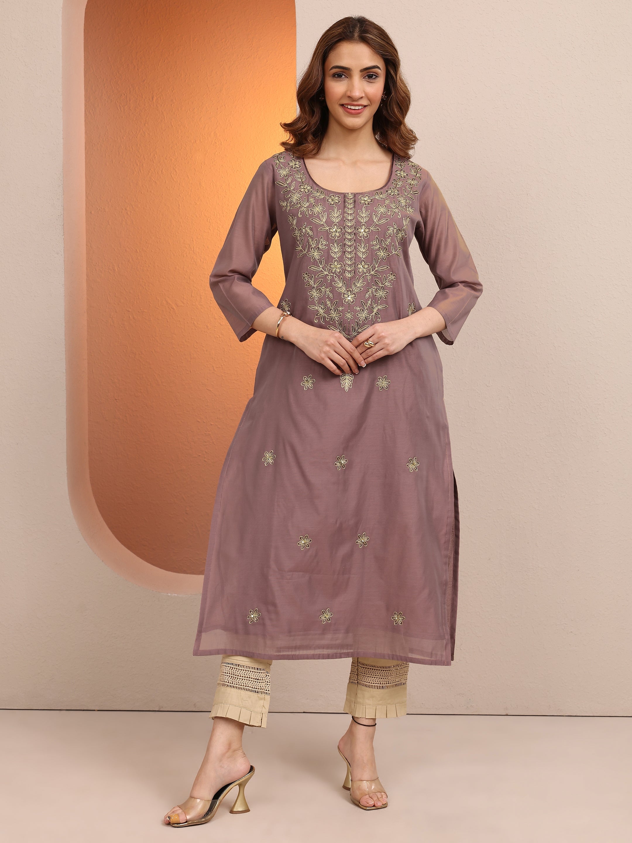 libas Brown Embroidered Chanderi Silk Straight Kurta-picture-32