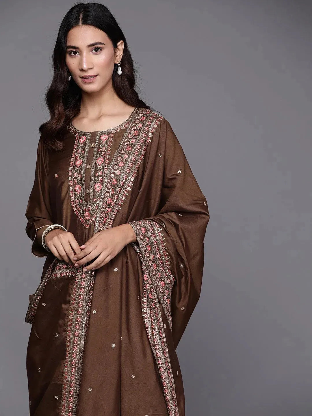 Brown Embroidered Chanderi Silk Suit Set - Libas