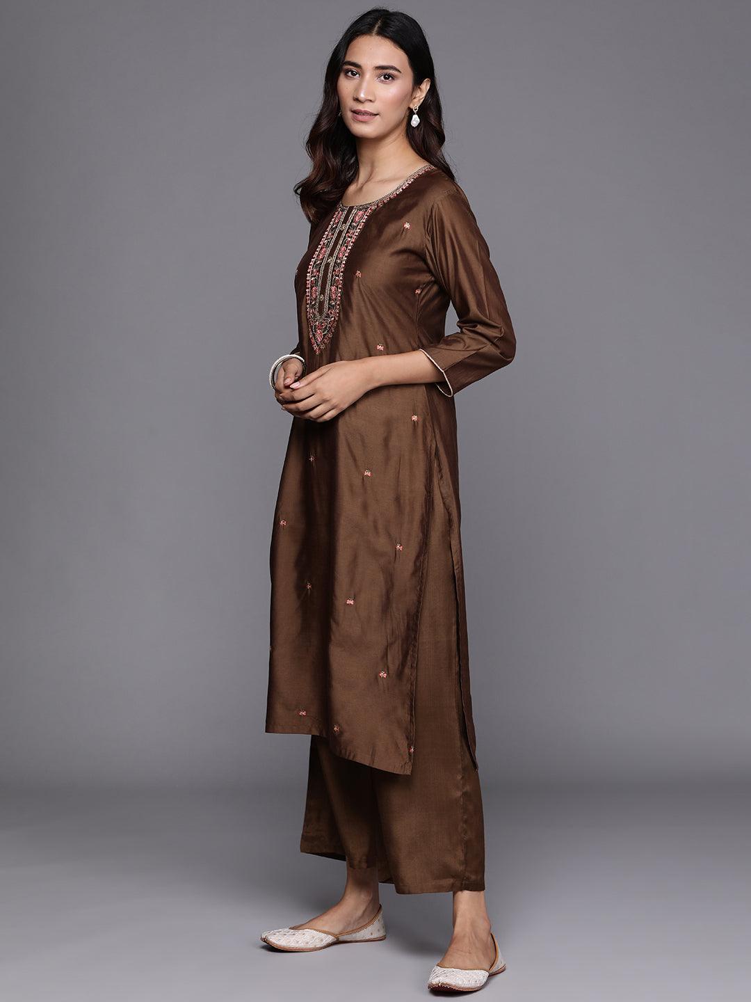 Brown Embroidered Chanderi Silk Suit Set - Libas