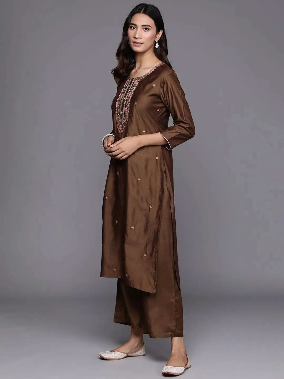 

Brown Embroidered Chanderi Silk Straight Kurta With Palazzos & Dupatta