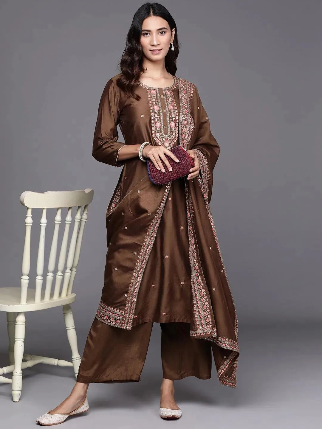 Brown Embroidered Chanderi Silk Suit Set - Libas