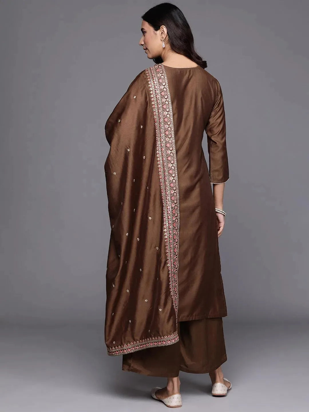 Brown Embroidered Chanderi Silk Suit Set - Libas