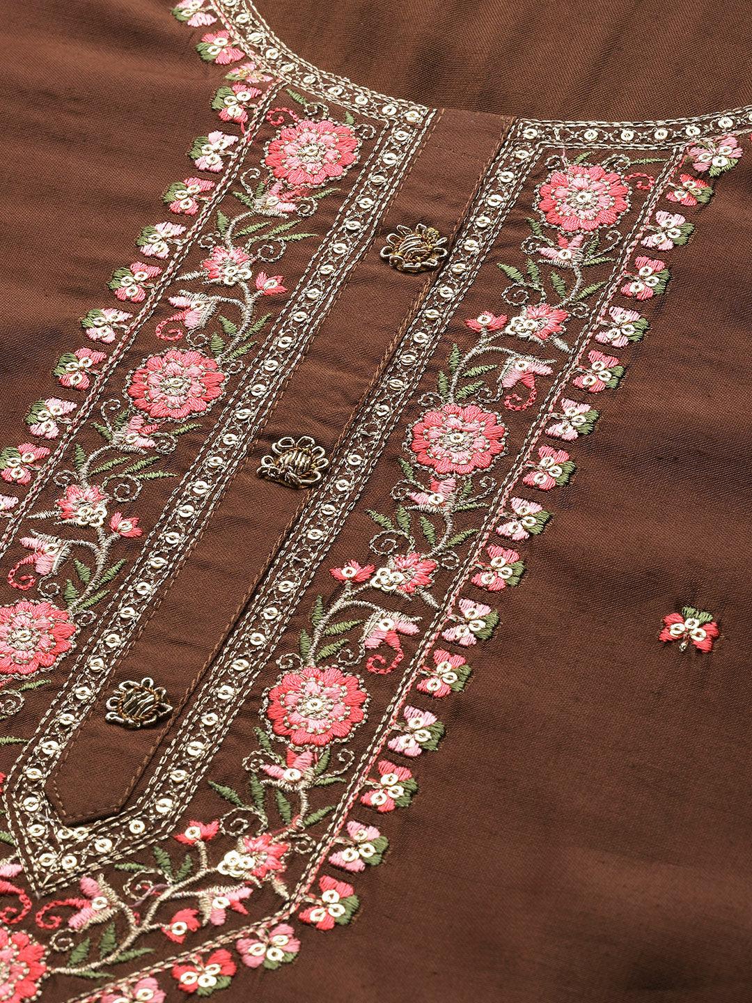 Brown Embroidered Chanderi Silk Straight Kurta With Palazzos & Dupatta
