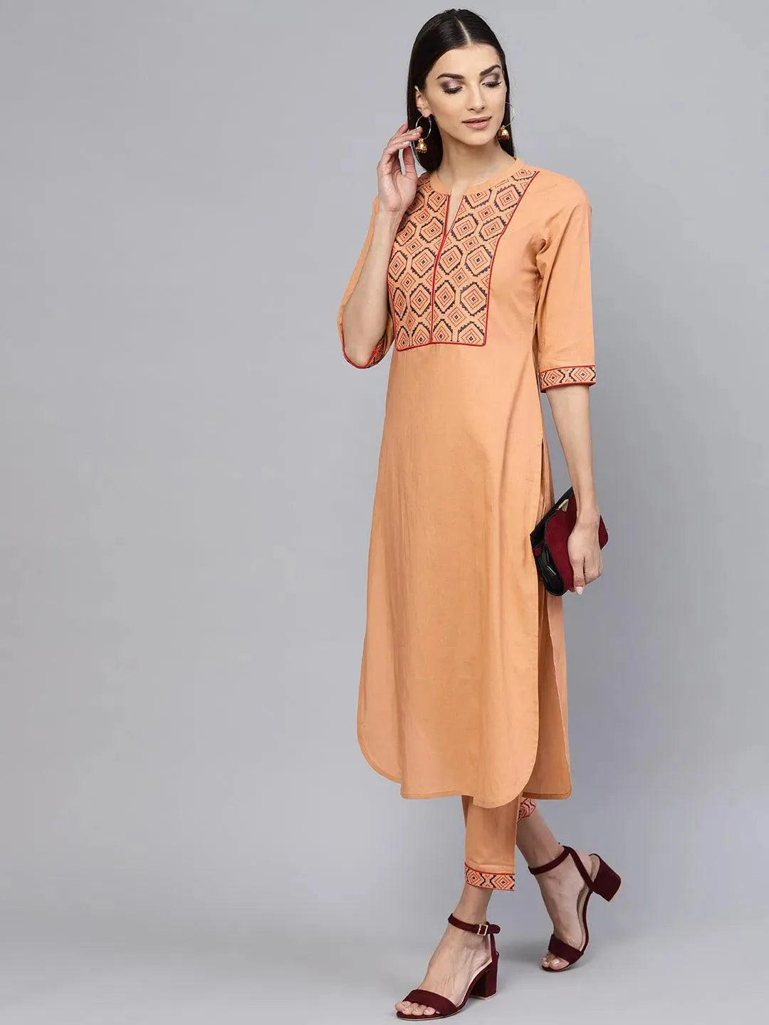 Brown Embroidered Cotton Kurta Set - Libas