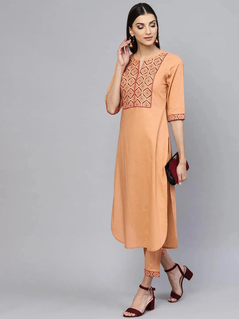 Libas Brown Embroidered Cotton Straight Kurta With Trousers