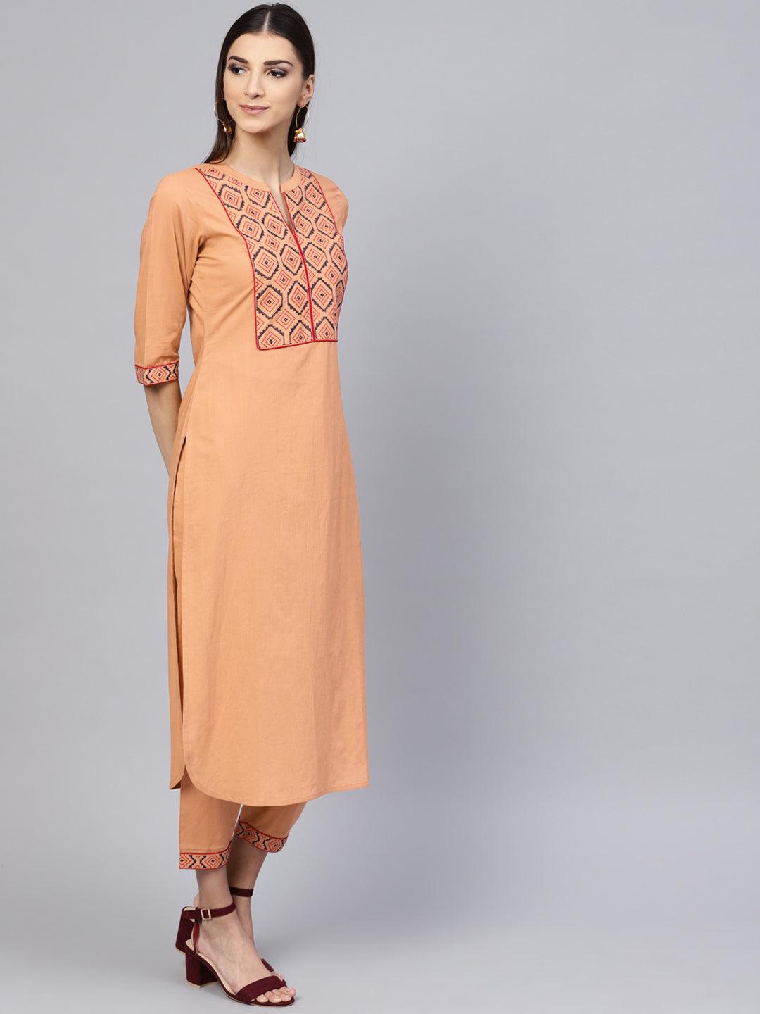 Brown Embroidered Cotton Straight Kurta With Trousers