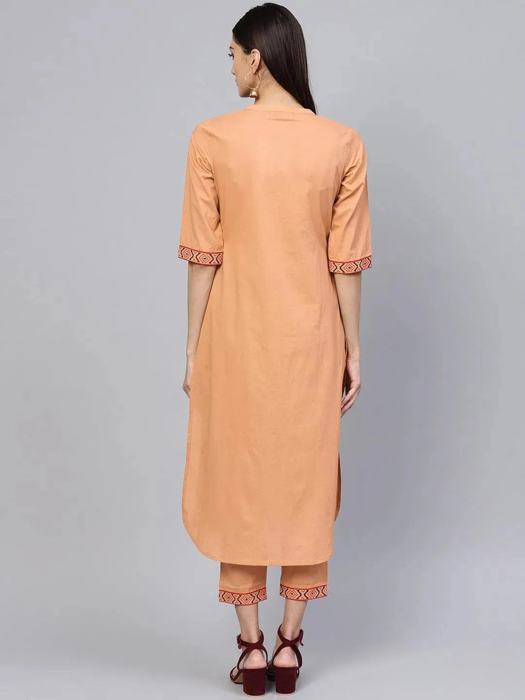 Brown Embroidered Cotton Kurta Set - Libas