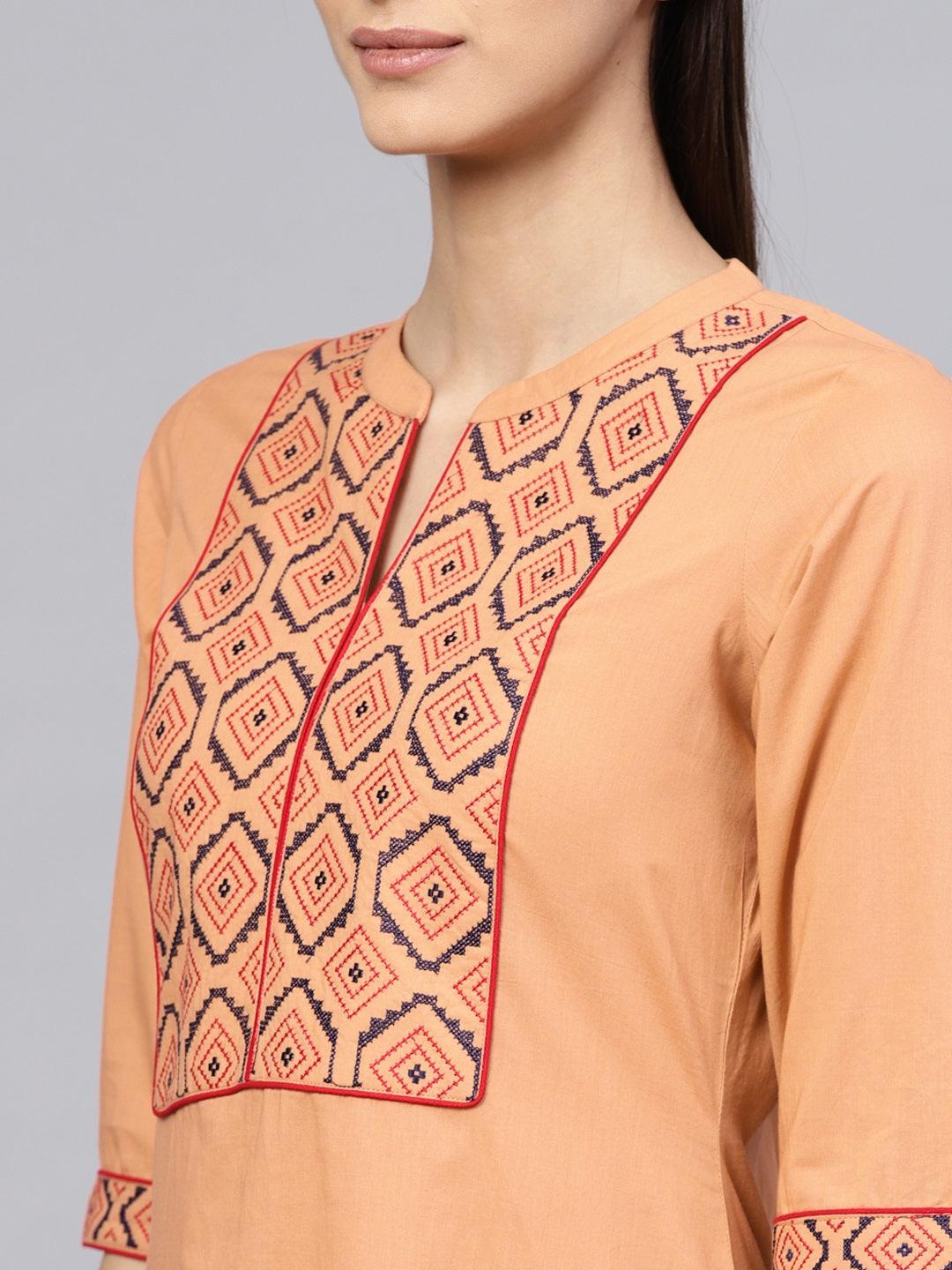 Brown Embroidered Cotton Straight Kurta With Trousers