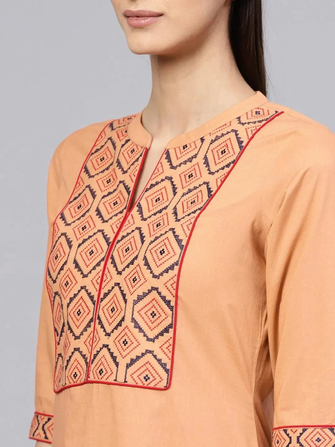 Brown Embroidered Cotton Kurta Set - Libas 