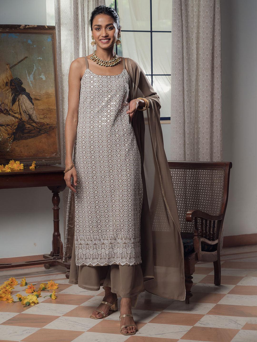 Brown Embroidered Georgette Straight Kurta With Palazzos & Dupatta