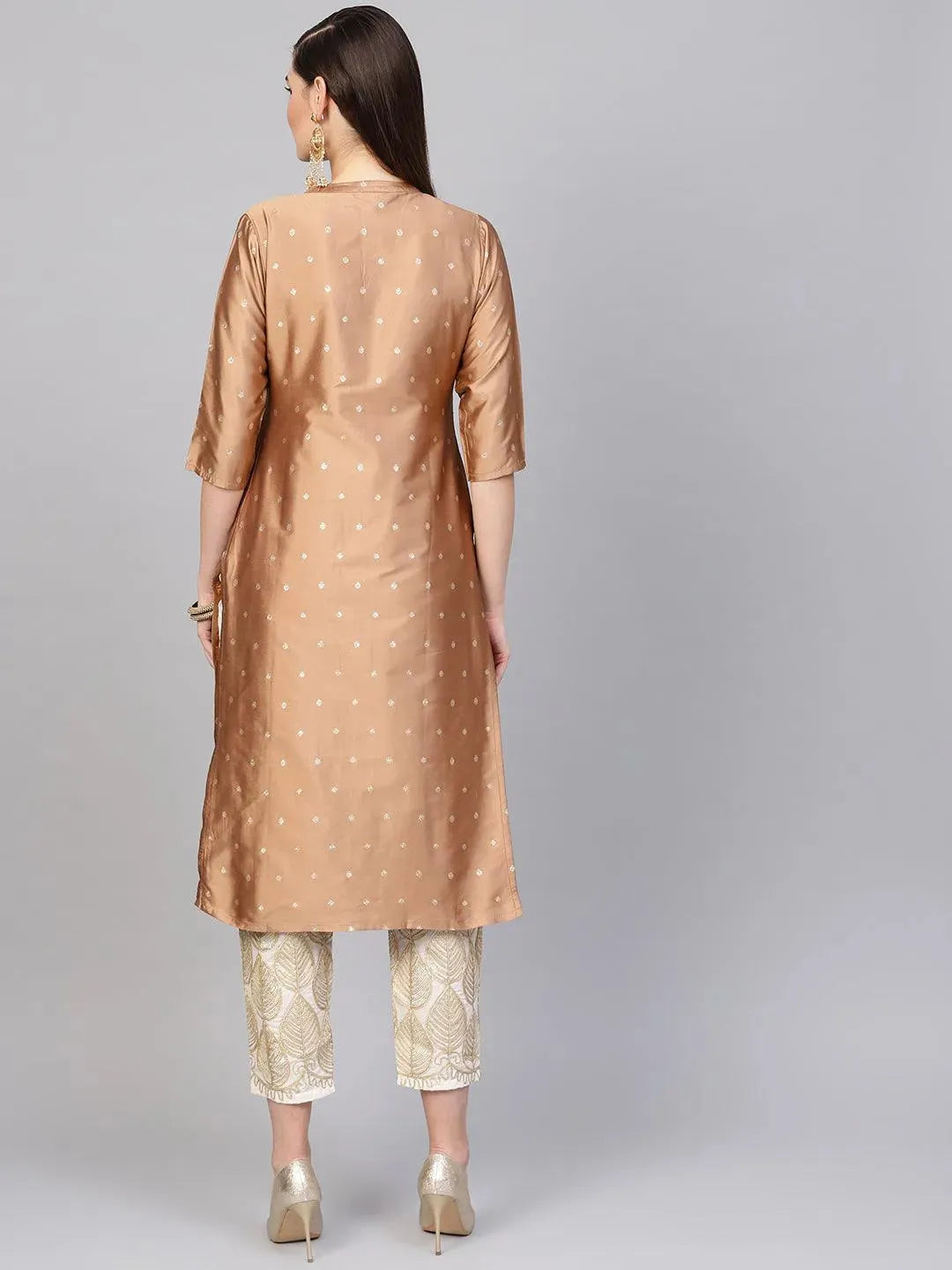 Brown Embroidered Polyester Kurta Set - Libas 