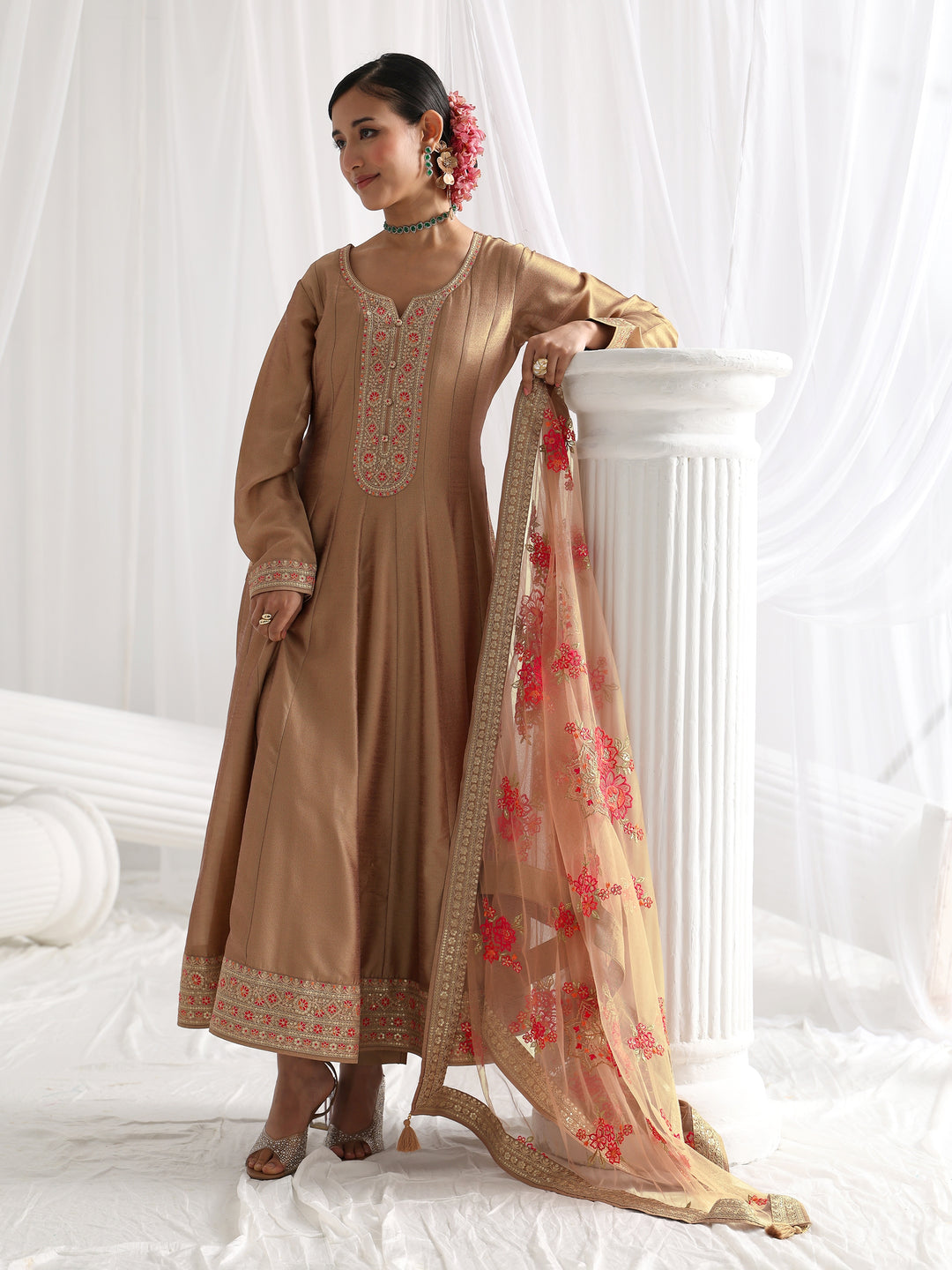Brown Embroidered Silk Blend A-Line Suit Set With Dupatta