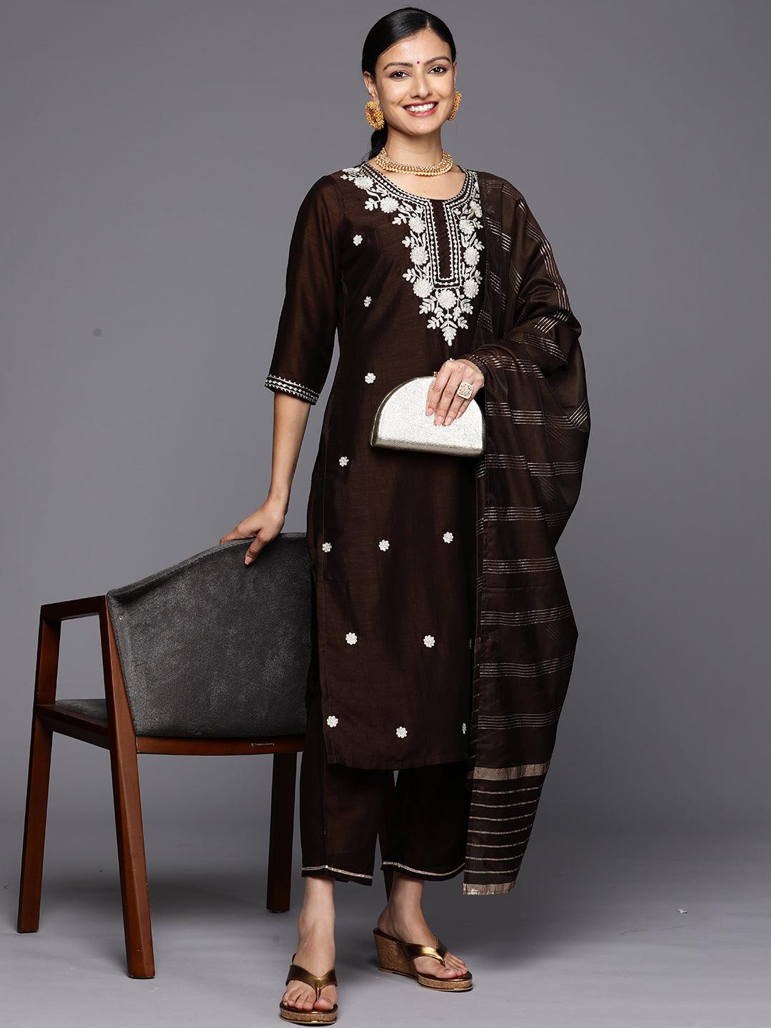 Brown Embroidered Silk Blend Straight Kurta With Trousers & Dupatta