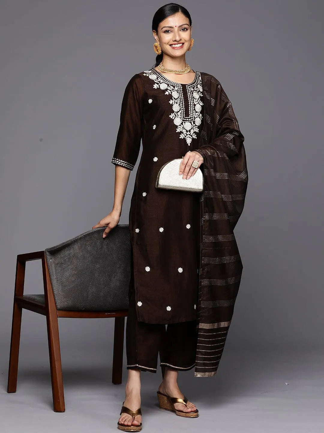 Brown Embroidered Silk Blend Straight Kurta With Trousers & Dupatta - Libas