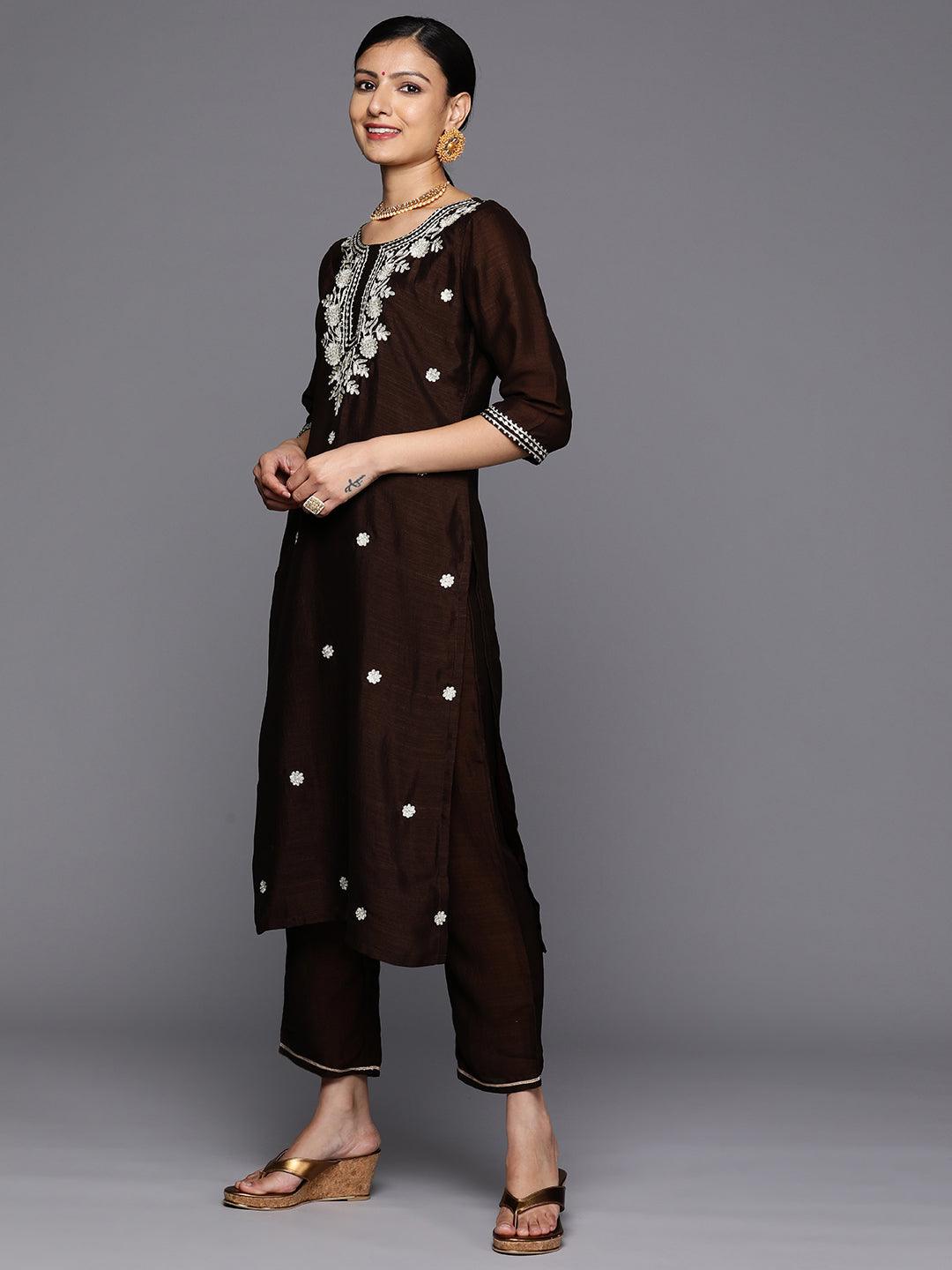 Brown Embroidered Silk Blend Straight Kurta With Trousers & Dupatta - Libas