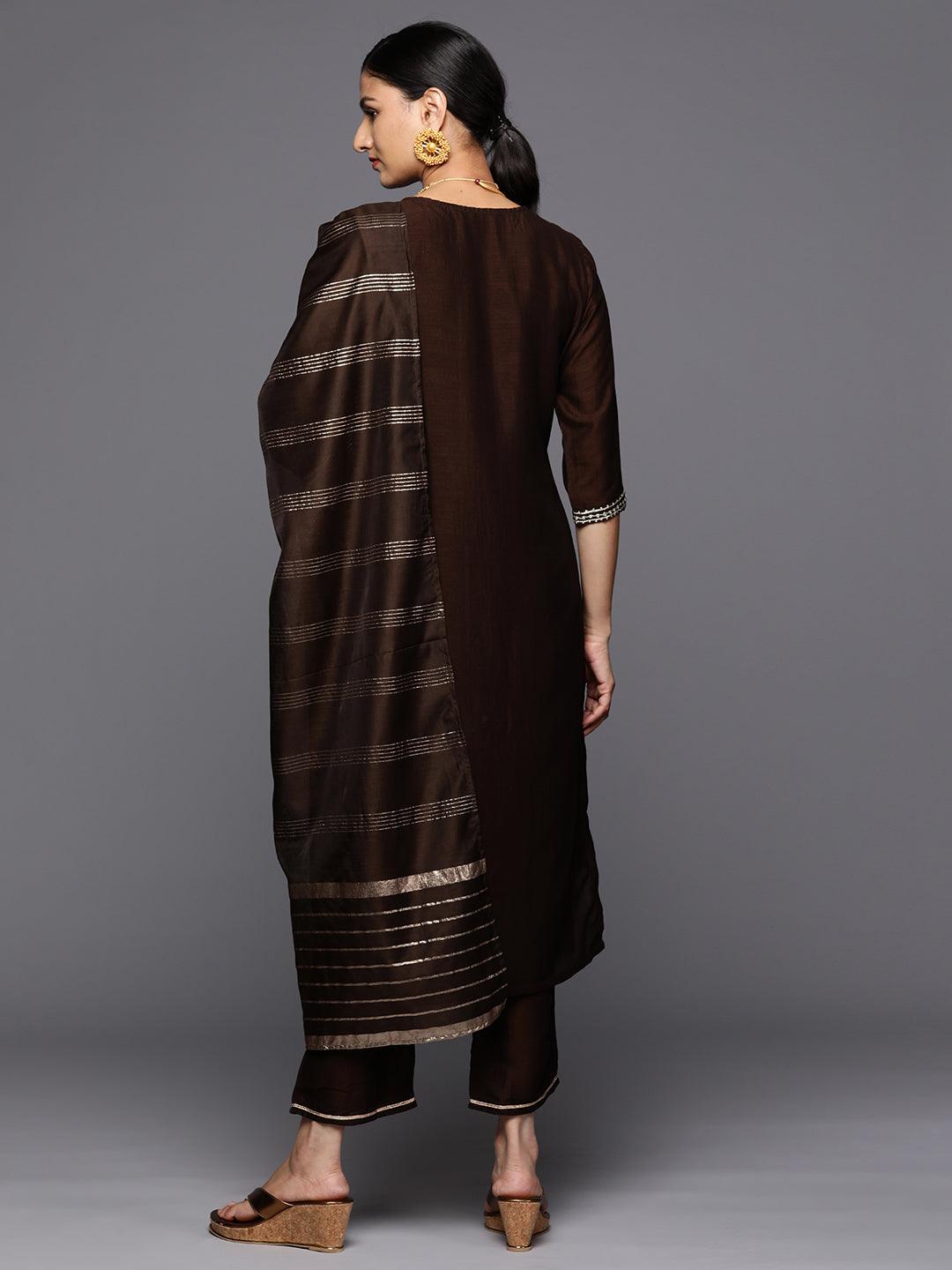 Brown Embroidered Silk Blend Straight Kurta With Trousers & Dupatta - Libas