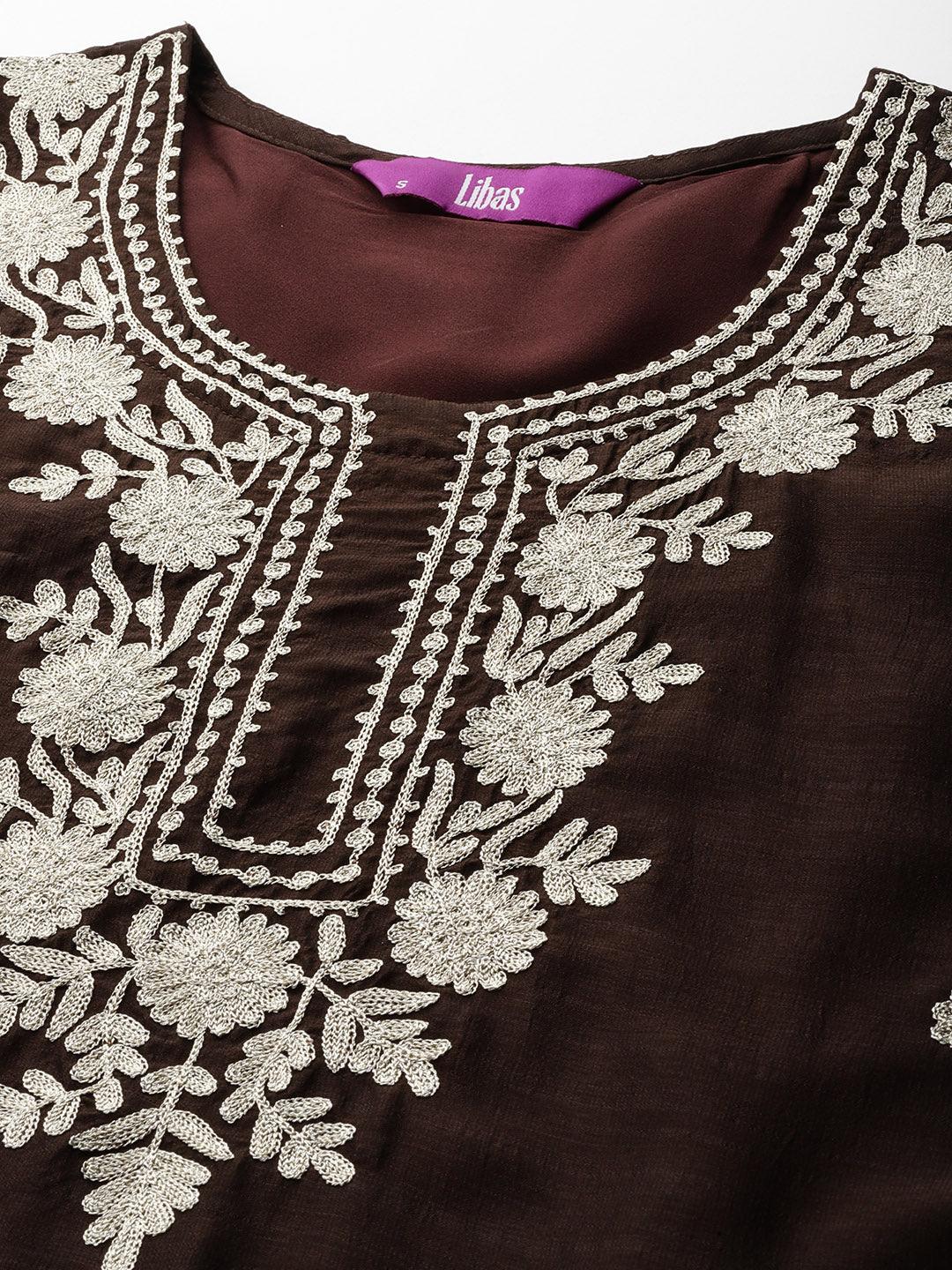 Brown Embroidered Silk Blend Straight Kurta With Trousers & Dupatta