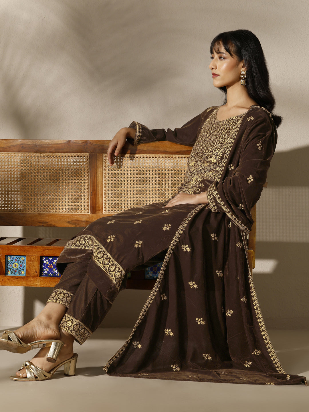 Brown Embroidered Velvet Straight Suit Set With Dupatta