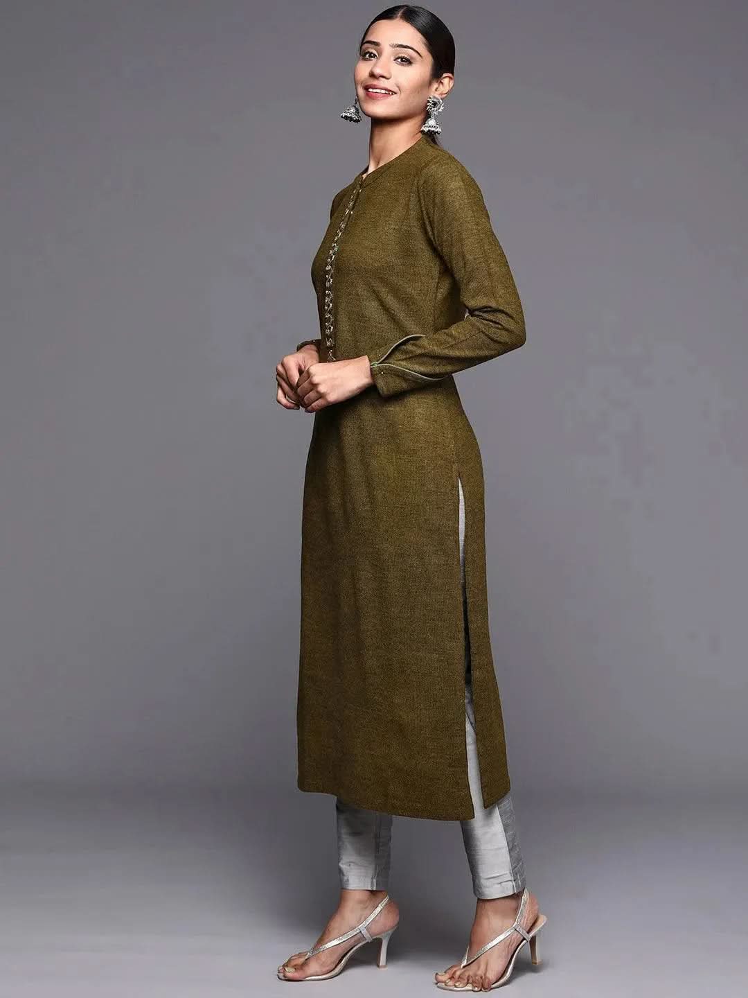 Brown Embroidered Wool Straight Kurta - Libas 