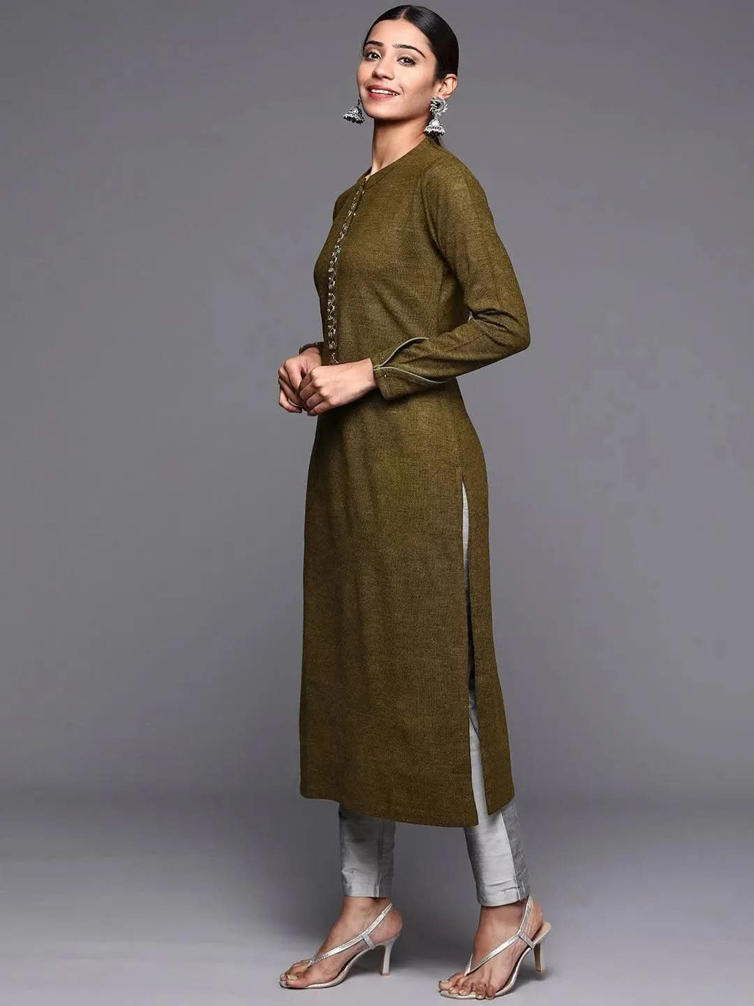 Brown Embroidered Wool Straight Kurta - Libas