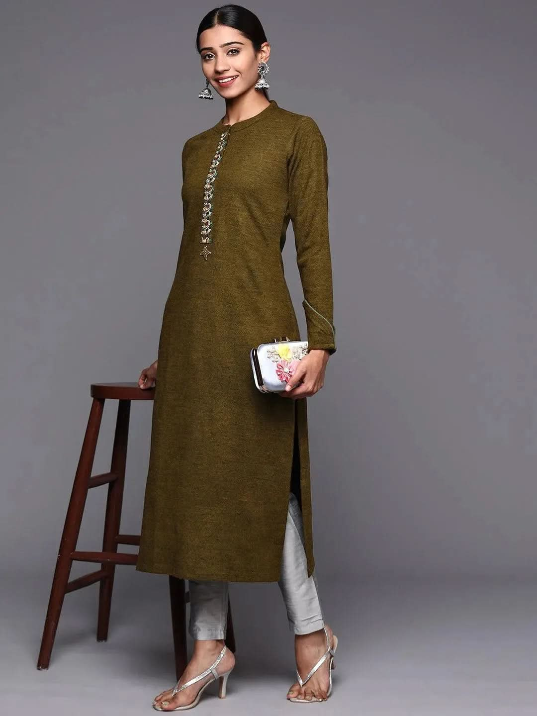 Brown Embroidered Wool Straight Kurta - Libas