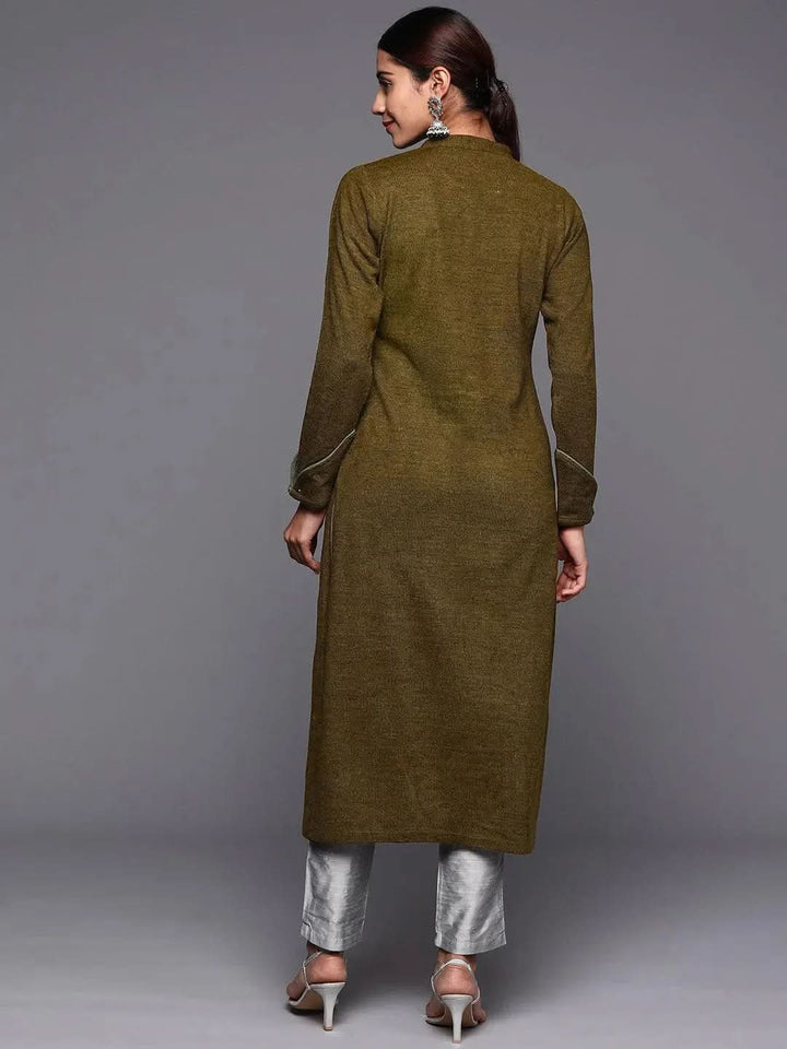 Brown Embroidered Wool Straight Kurta - Libas