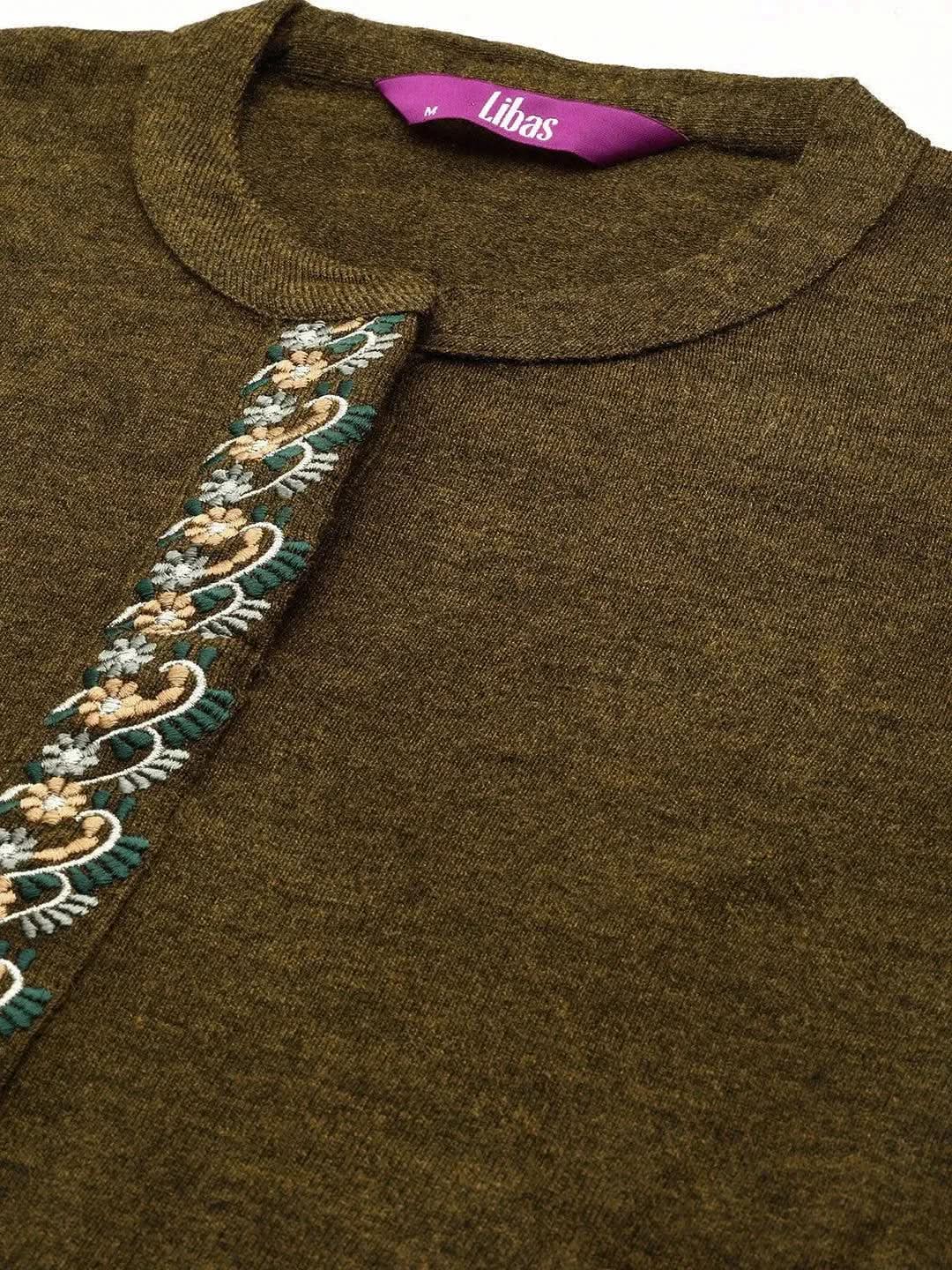 Brown Embroidered Wool Straight Kurta - Libas 