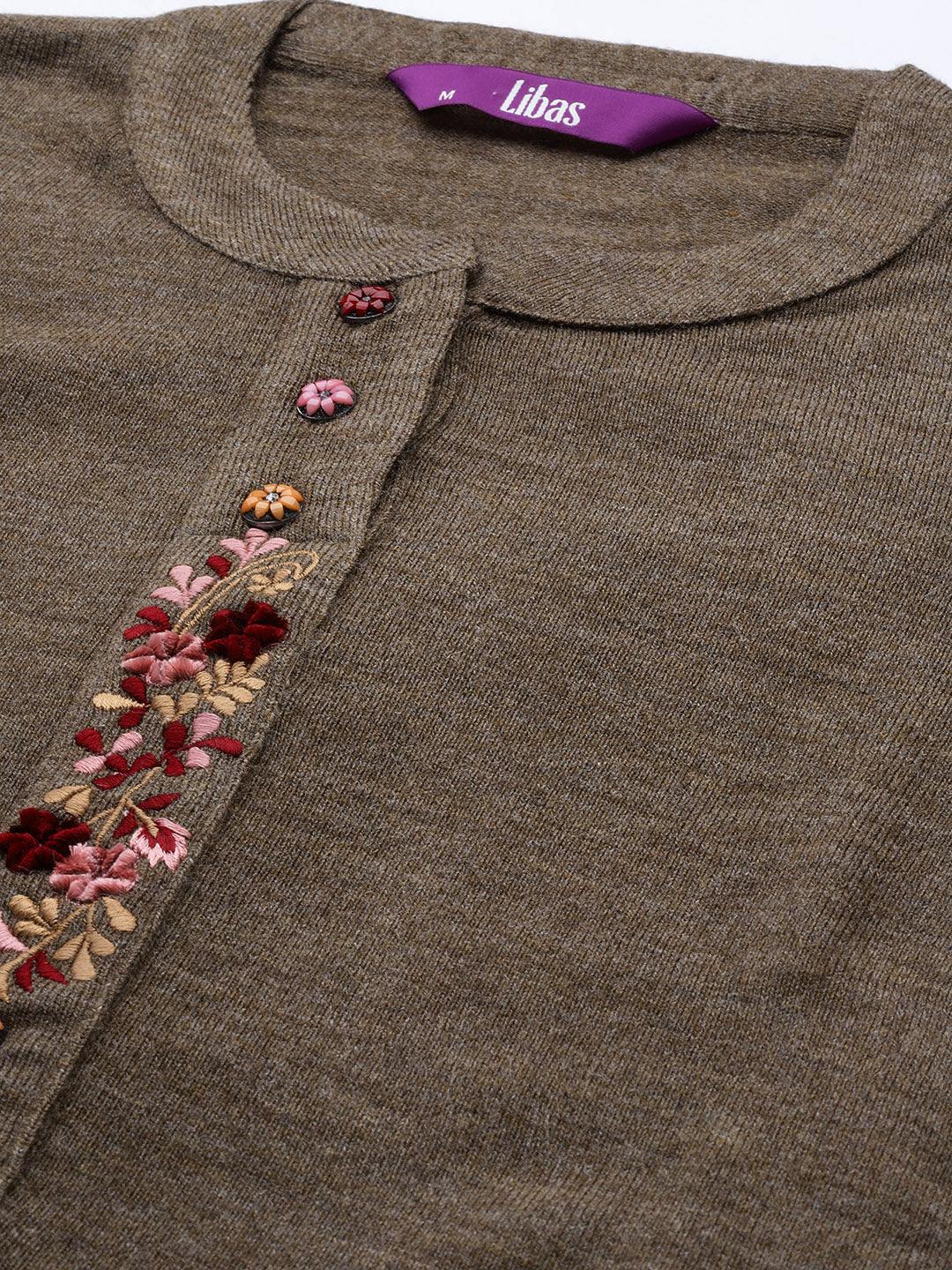 Brown Embroidered Wool Straight Kurta - Libas