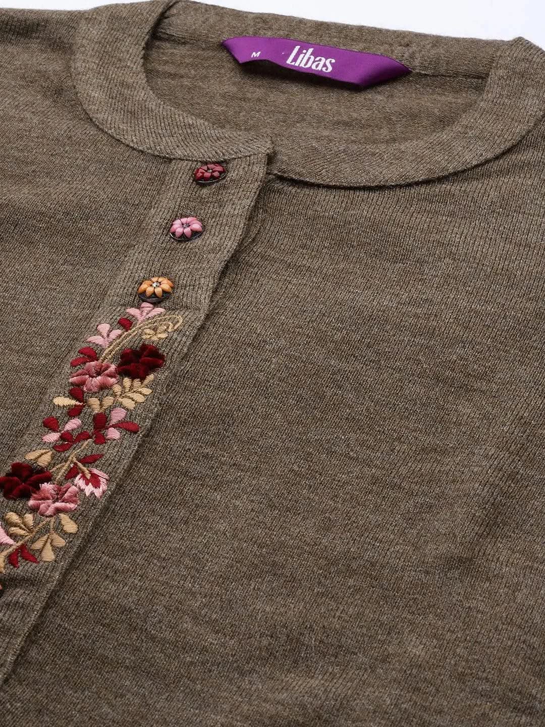 

Brown Embroidered Wool Straight Kurta