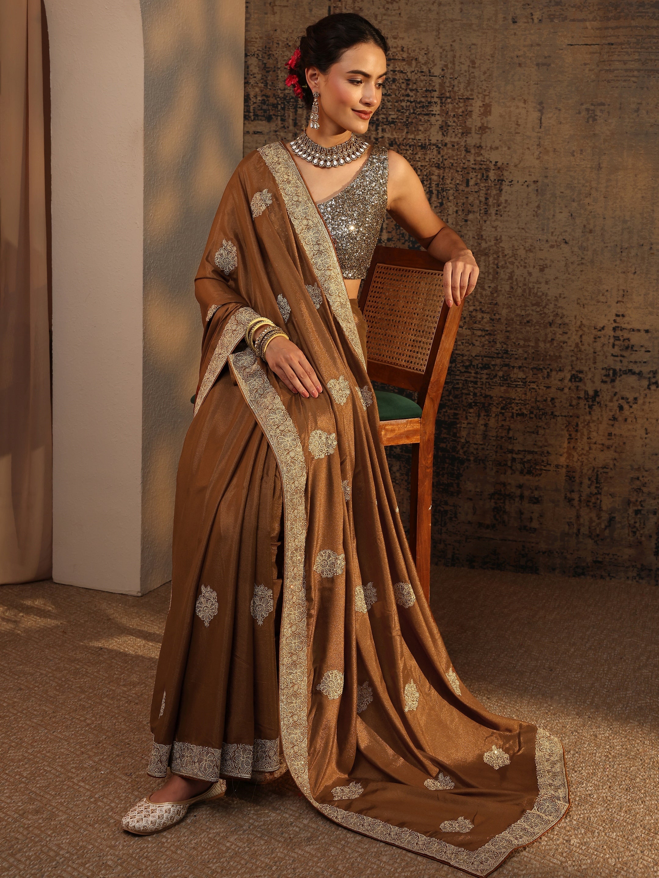 libas Brown Ethnic Motifs Embellished Satin Saree With Unstitched Blouse Piece-picture-36