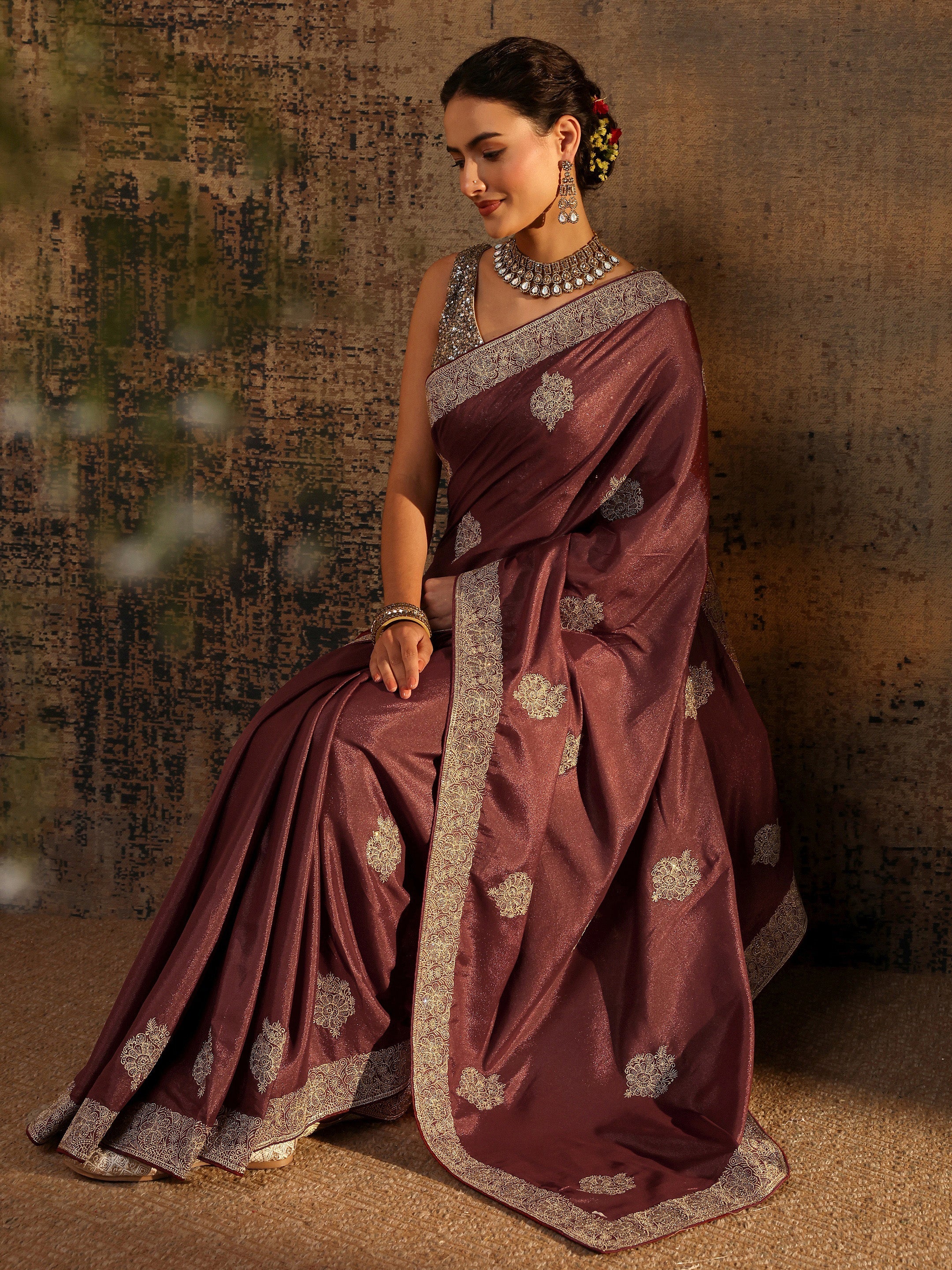 libas Brown Ethnic Motifs Embellished Satin Saree With Unstitched Blouse Piece-picture-60