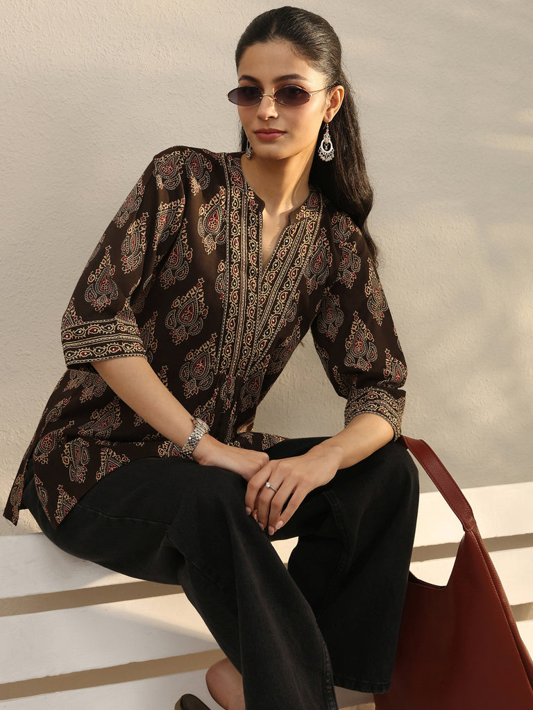 Libas Brown Ethnic Printed Cotton A-Line Short Kurti