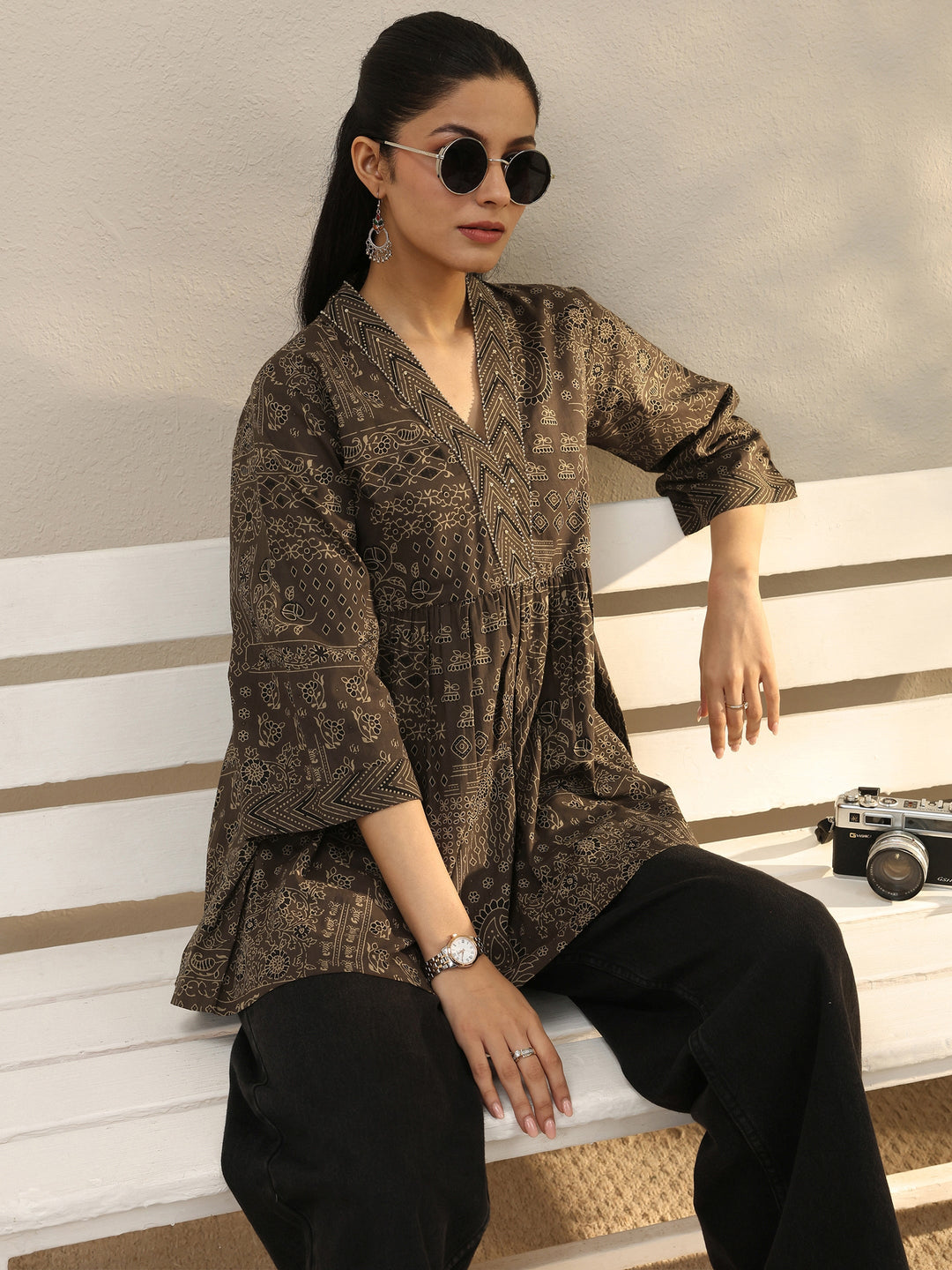  Brown Ethnic Printed Cotton A-Line Short Kurti 