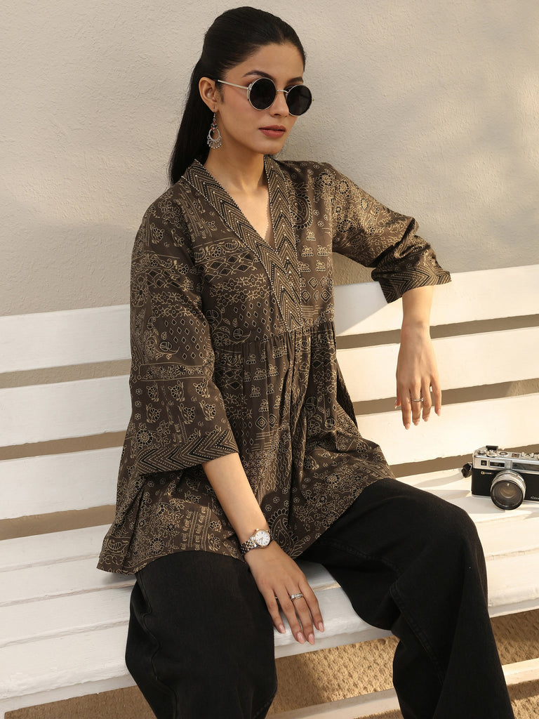 Libas Brown Ethnic Printed Cotton A-Line Short Kurti