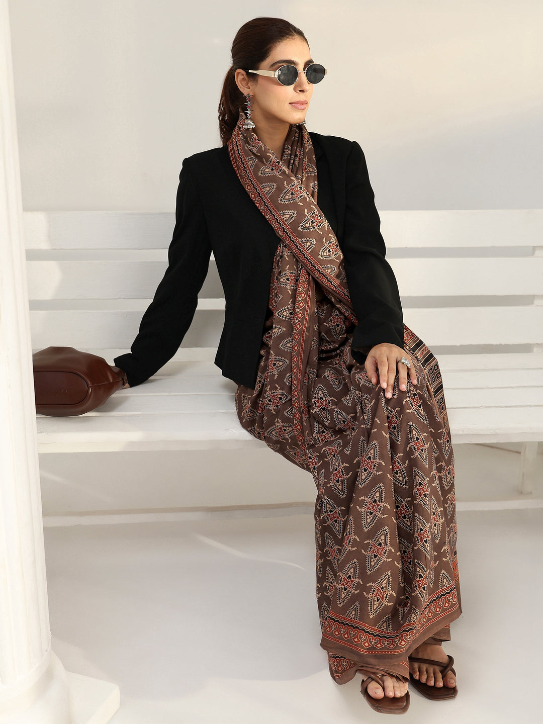 Brown Ethnic Printed Cotton Saree 