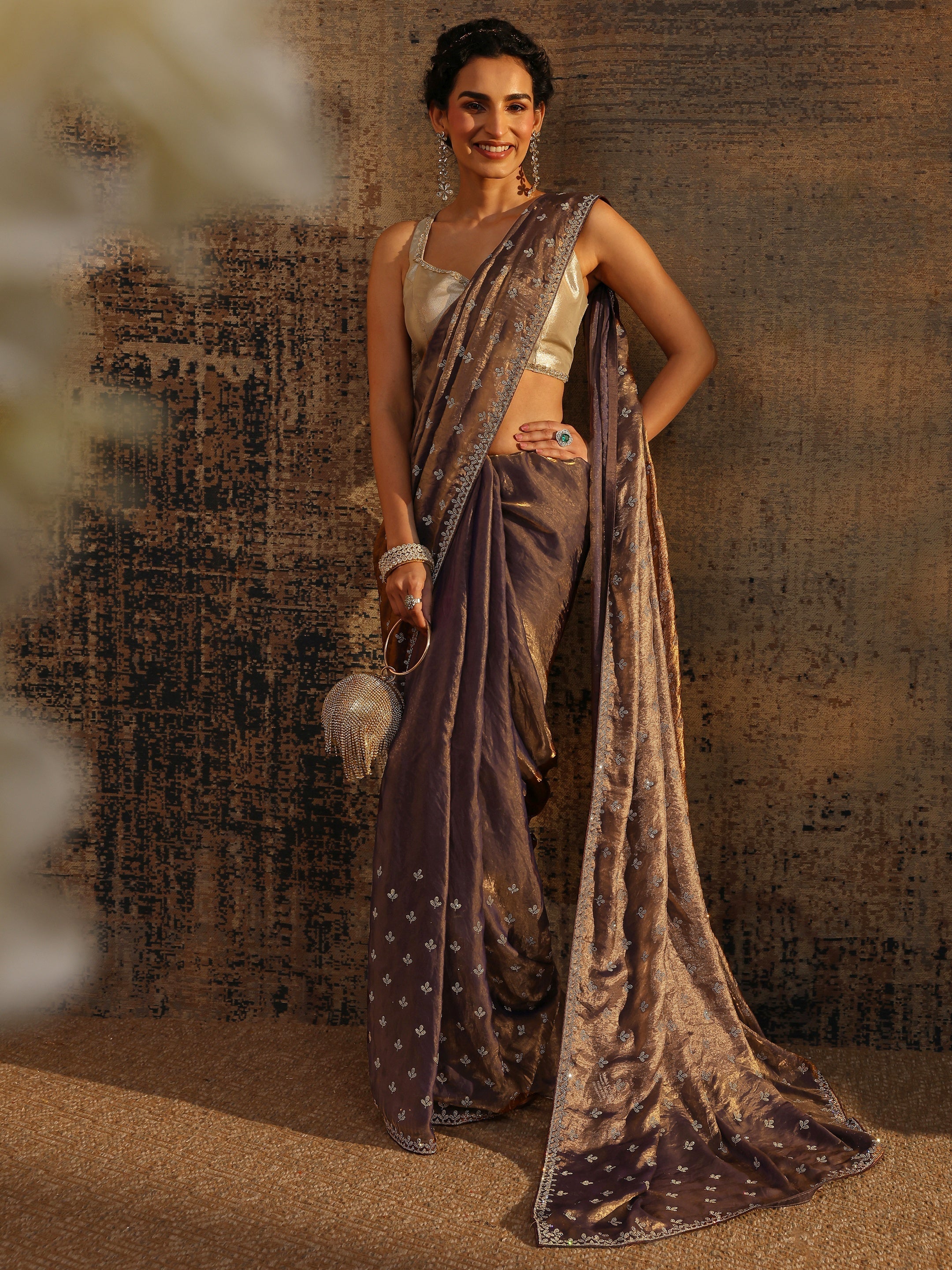 libas Brown Floral Embellished Satin Saree With Unstitched Blouse Piece-picture-53