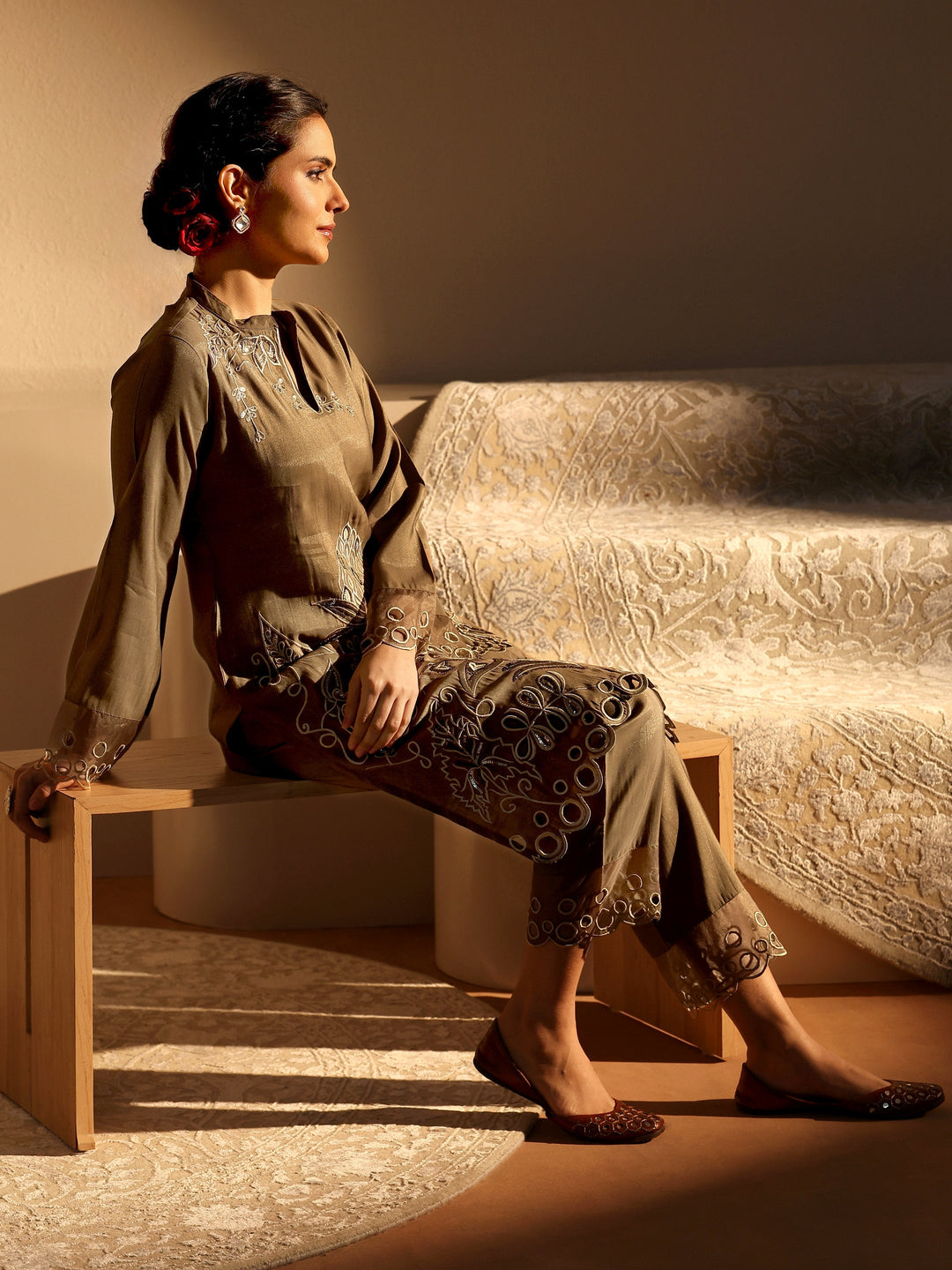  Brown Floral Embroidered Silk Blend Co-Ord Set 