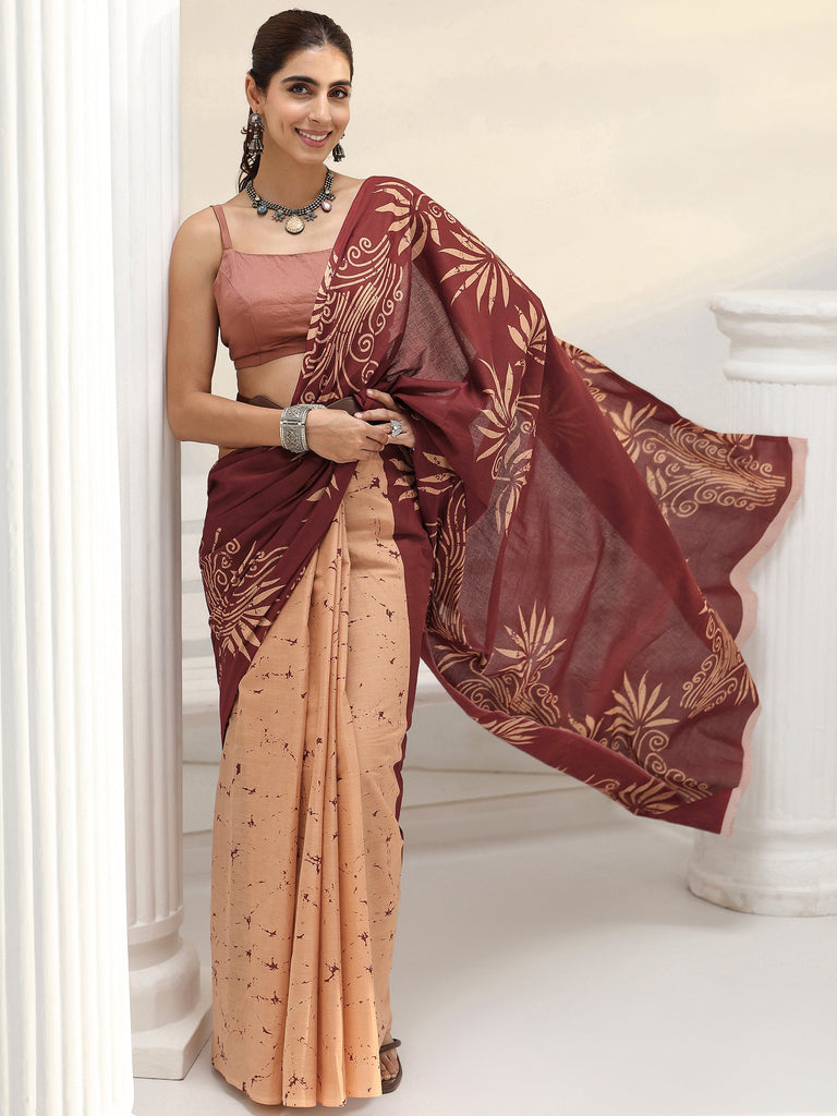 Libas Light Peach and Rust Brown Floral Print Cotton Saree