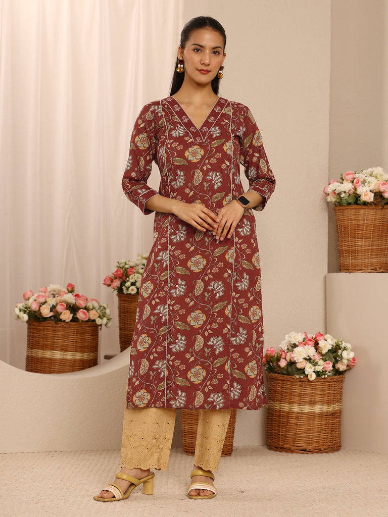 Libas Brown Floral Printed Cotton Straight Kurta