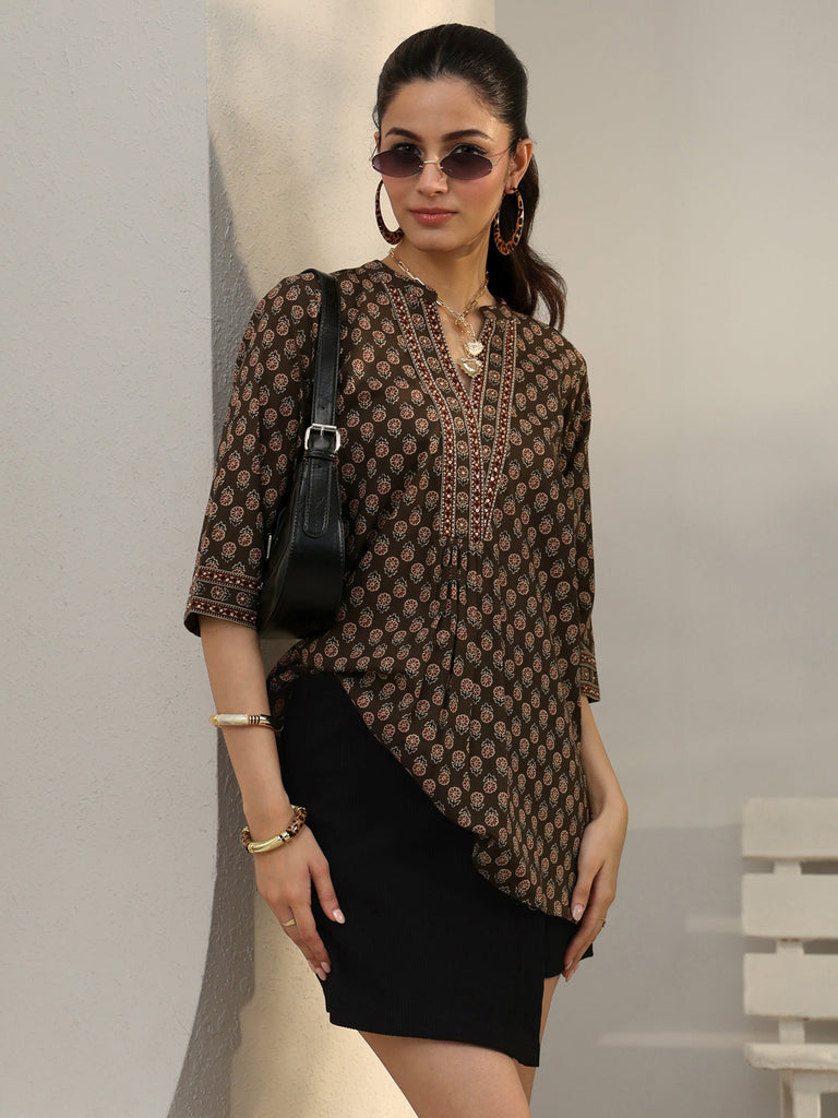 Libas Brown Floral Printed Cotton Straight Short Kurti