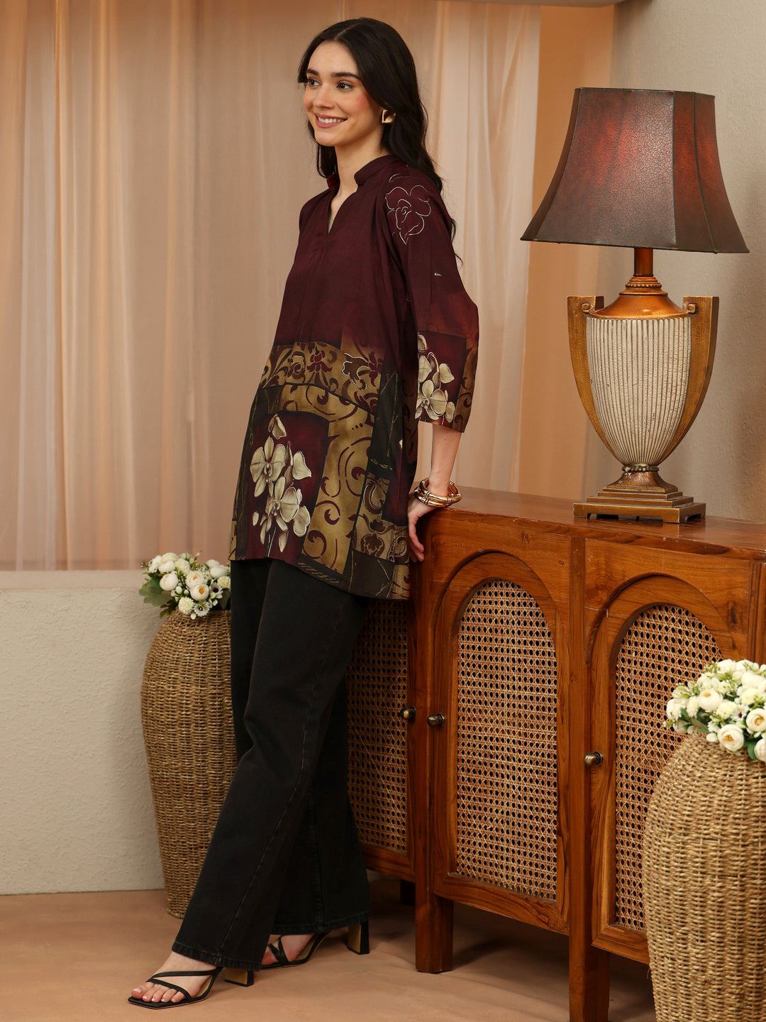  Brown Floral Printed Muslin Straight Short Kurti 