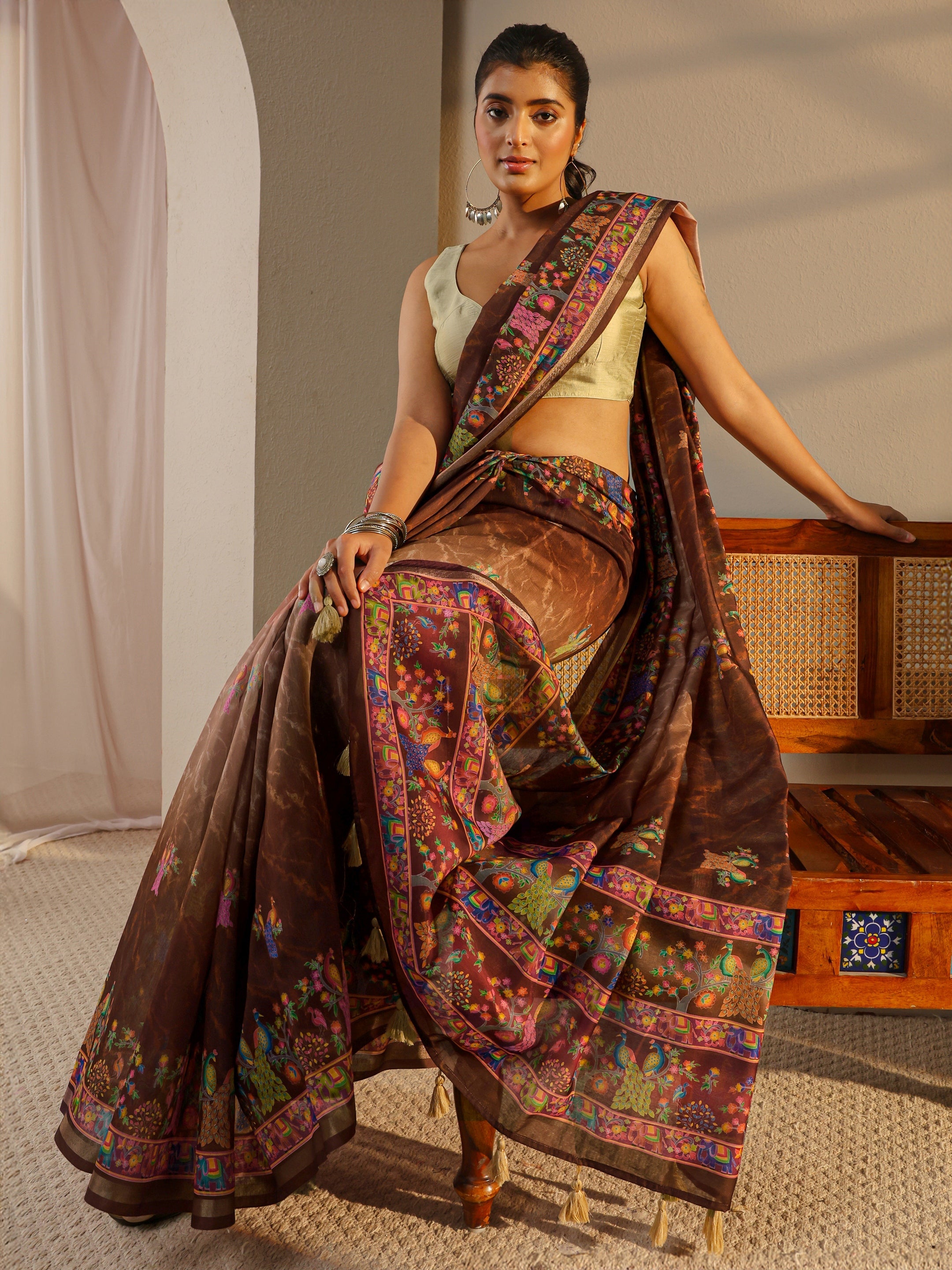 libas Brown Floral Printed Silk Blend Ombre Tassel Saree With Unstitched Blouse Piece-picture-64