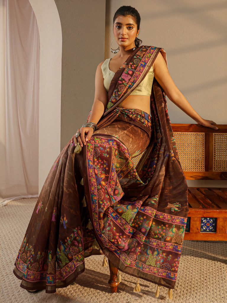 Libas Brown Floral Printed Silk Blend Ombre Tassel Saree With Unstitched Blouse Piece