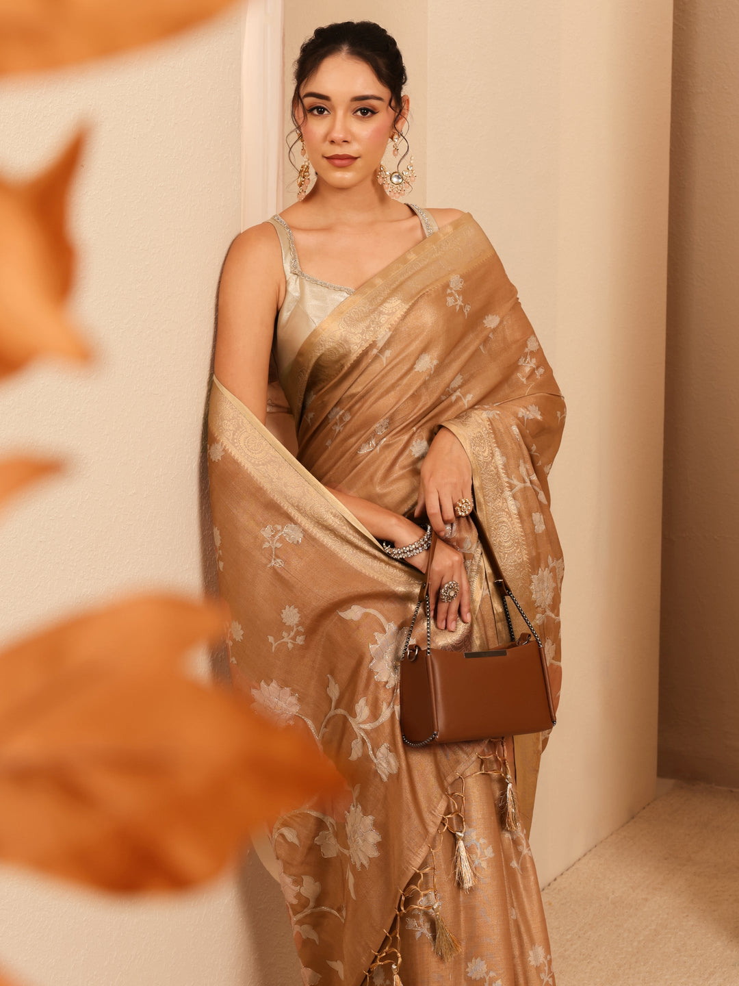  Brown Floral Printed Silk Blend Saree 