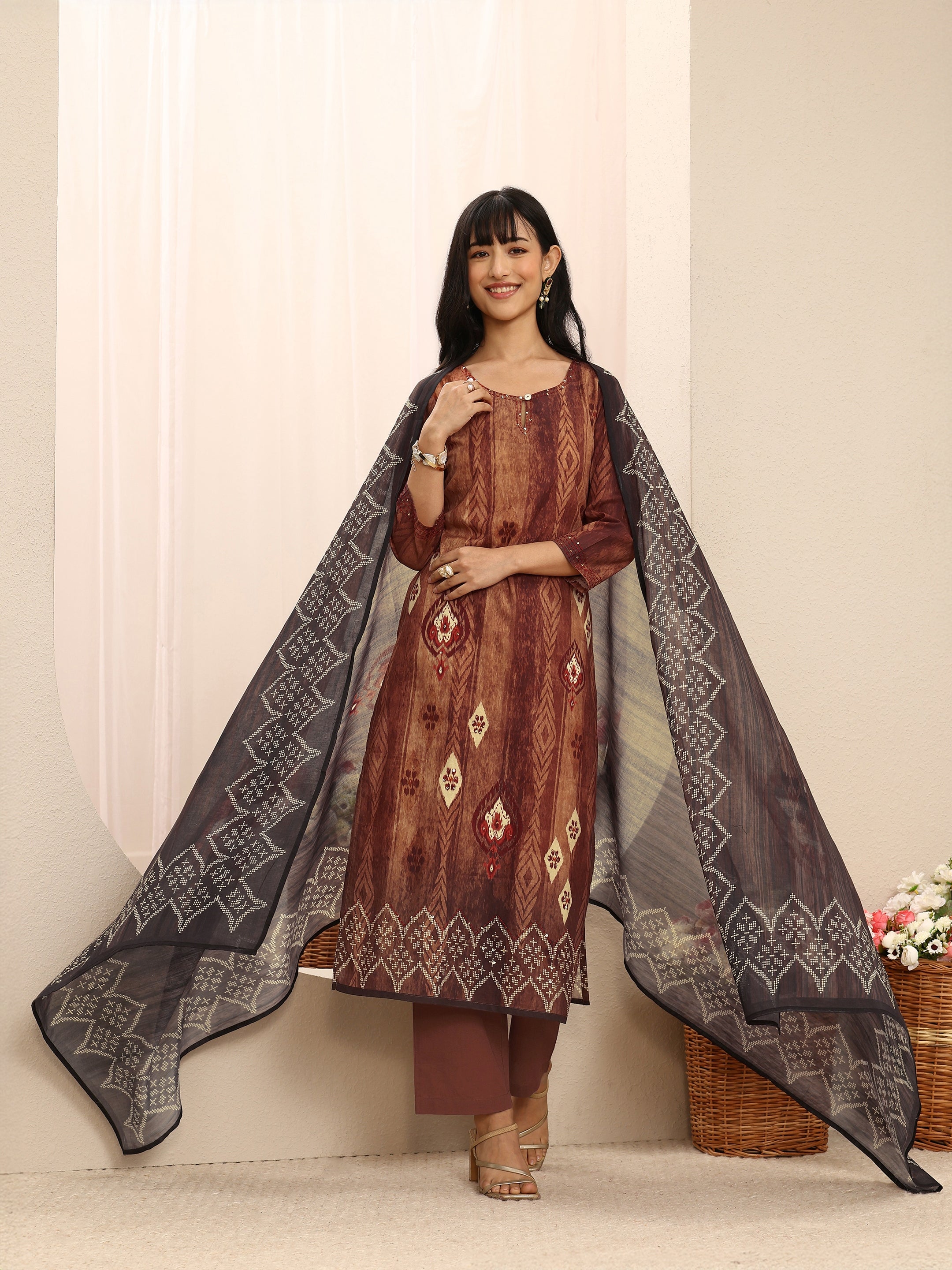 libas Brown Geometric Printed Cotton Blend Straight Suit Set With Dupatta-picture-16